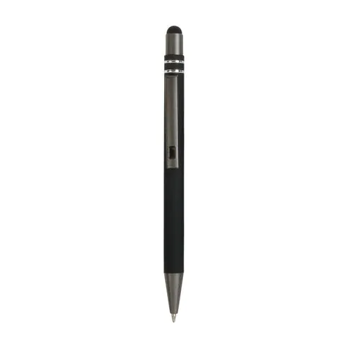Penna a scatto in alluminio gommato con decorazione a 2 anelli e particolari bruniti con t