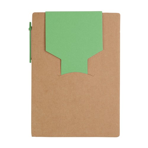 Recycled-paper notepad with cardboard pen and sticky notes