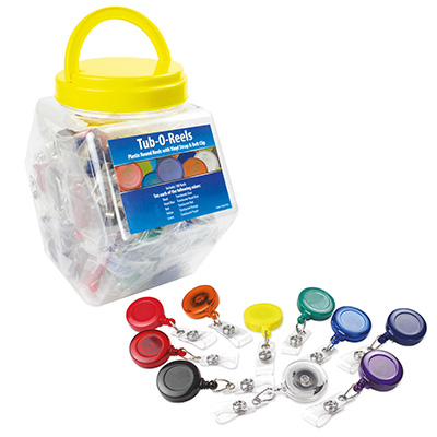 Scatola di 100 porta badge retrattili rotondi di diversi colori, Tub-o-reels