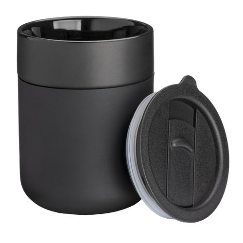 300 ml silicone-coated ceramic mug. Removable PP cap with sliding opening