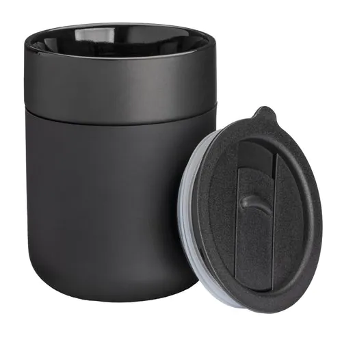 300 ml silicone-coated ceramic mug. Removable PP cap with sliding opening