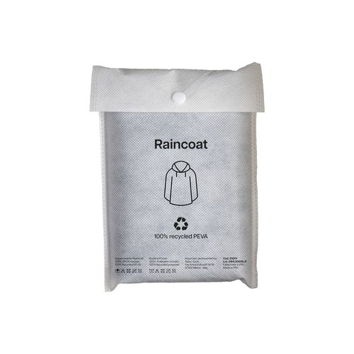 Waterproof poncho made of recycled PEVA. Inserted in recycled PET pouch with graphics