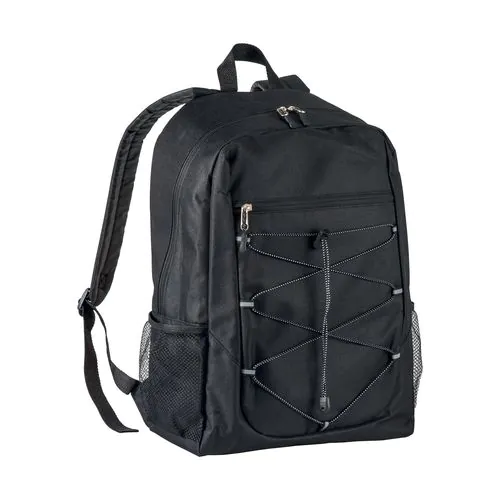 600D polyester 4-pocket backpack (two mesh side pockets). Padded straps and back