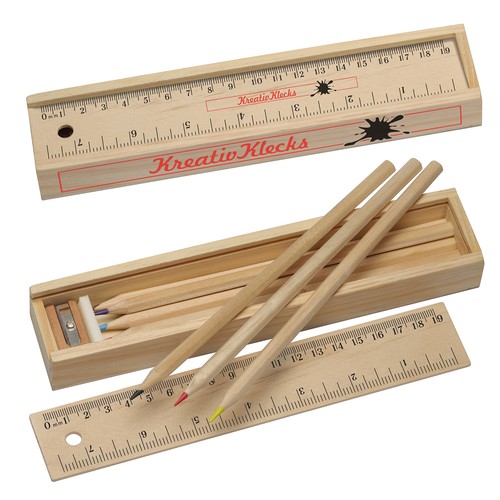 Coloured pencil set in a wooden box