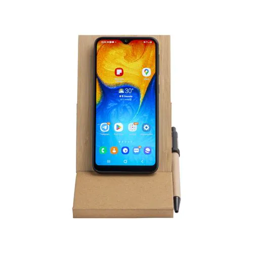 Notepad with bamboo cover (70 sheets), sticky notes, ballpen and phone holder.