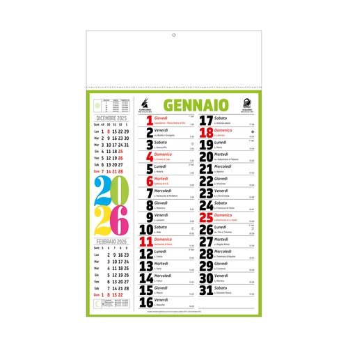 2026 Monthly Wall Calendar. Multicolour, 12 sheets, glossy coated paper, heat-sealed