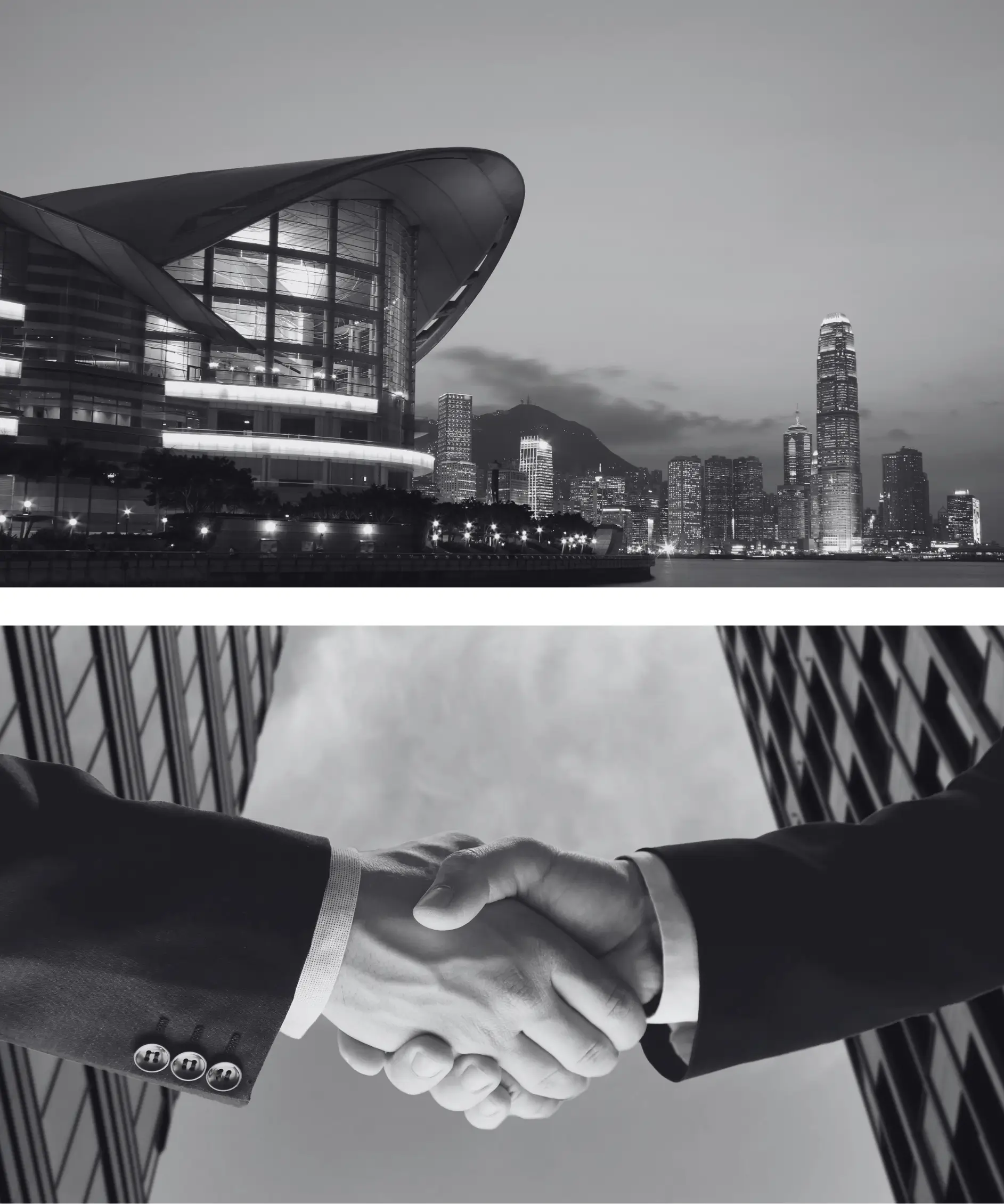 Schwarz-Weiß-Collage: Oben ein großes Messezentrum bei Nacht, unten ein Handschlag zwischen Geschäftspartnern – Symbolbild für den Erfolg durch Giveaways auf Messen und die Kundengewinnung.