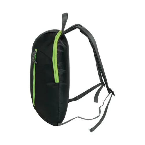 Black 600D polyester backpack with 2 pockets and coloured zips. Padded straps and back Black 600D polyester backpack with 2 pockets and coloured zips. Padded straps and back