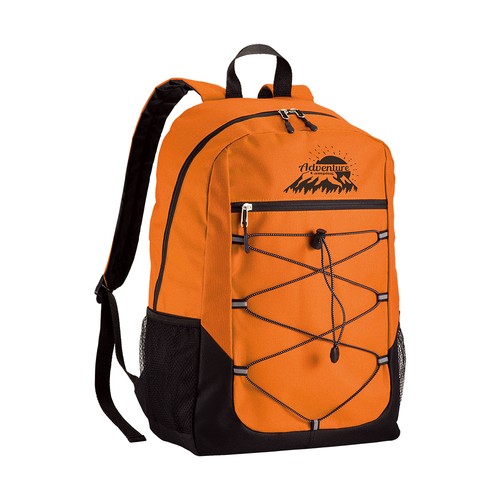 600D polyester 4-pocket backpack (two mesh side pockets). Padded straps and back