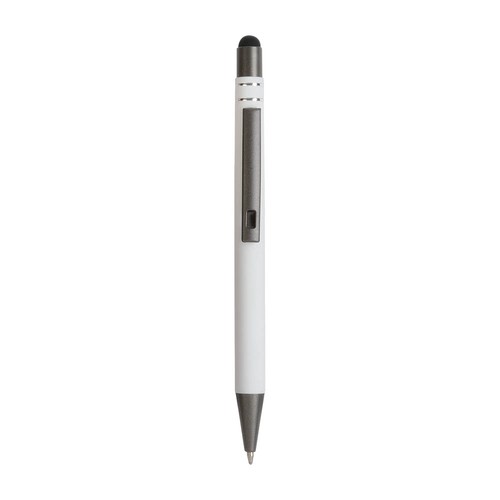 Penna a scatto in alluminio gommato con decorazione a 2 anelli e particolari bruniti con t Penna a scatto in alluminio gommato con decorazione a 2 anelli e particolari bruniti con t