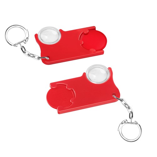 Chiphouder met winkelwagenmuntje 1€ en loep Chiphouder met winkelwagenmuntje 1€ en loep