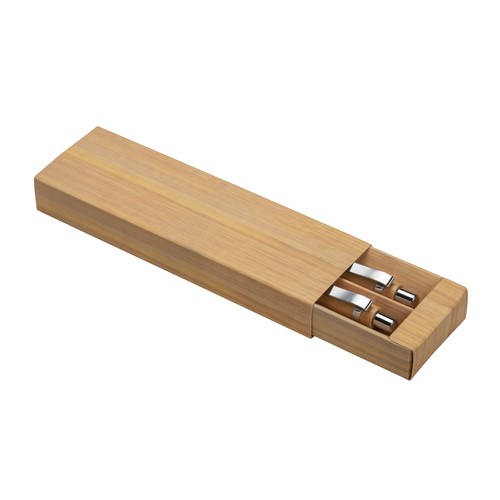 Set of two bamboo snap-in pens, one with touch screen eraser. Metal clip and black refill