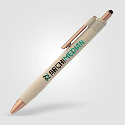 Penna a sfera York con gommino touch-screen in plastica riciclata con dettagli in bronzo