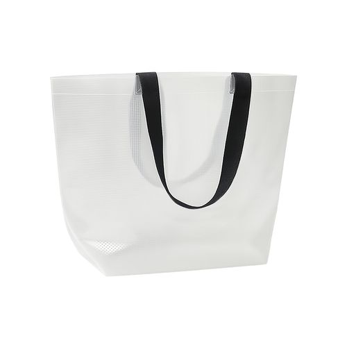 Transparent laminated PP shopper bag 110 g/m2. Long colored polyester handles and gusset Transparent laminated PP shopper bag 110 g/m2. Long colored polyester handles and gusset