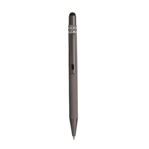 Penna a scatto in alluminio gommato con decorazione a 2 anelli e particolari bruniti con t Penna a scatto in alluminio gommato con decorazione a 2 anelli e particolari bruniti con t