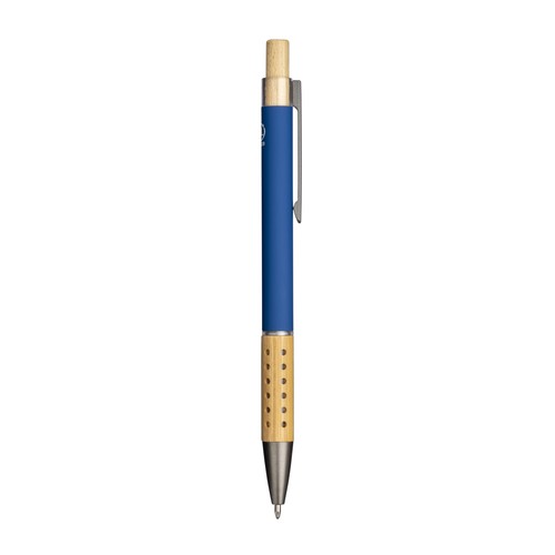 Rubberized recycled aluminum snap pen. Burnished details , bamboo button and grip