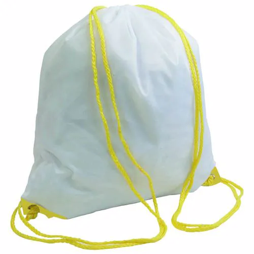 White 210T polyester backpack with drawstring closure, reinforced corners