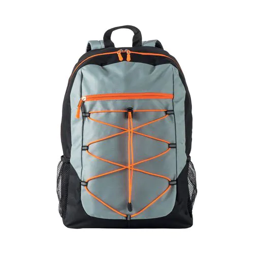 600D polyester 4-pocket backpack (two mesh side pockets). Padded straps and back