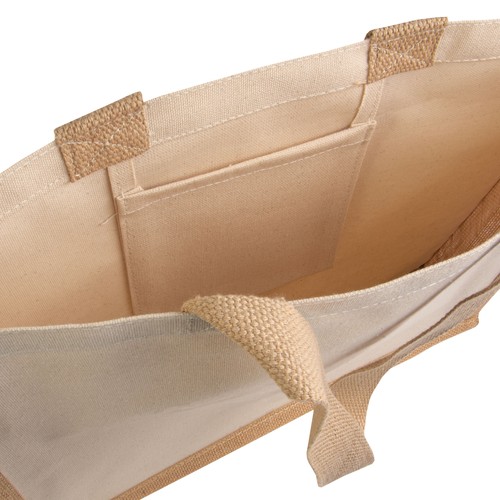 Bolsa con fuelle a la base de yute y lona Bolsa con fuelle a la base de yute y lona