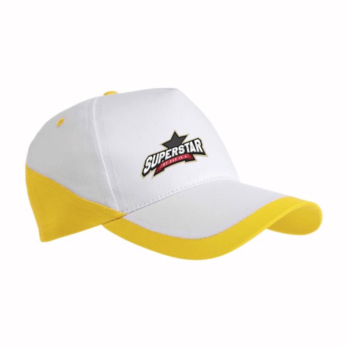 Cotton 5-panel cap with white base and coloured edges, adjustable velcro strap