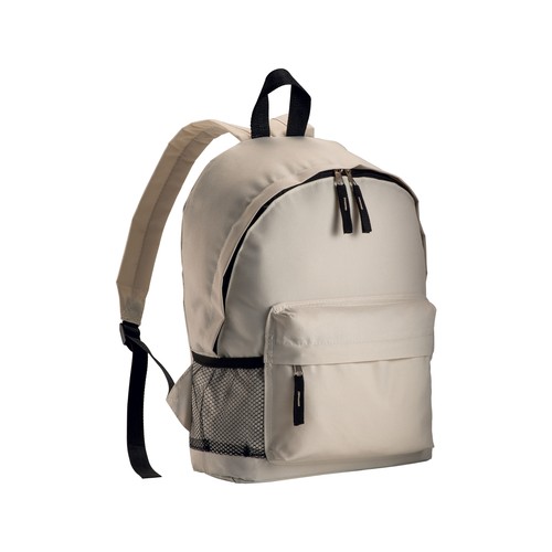 600D polyester 3-pocket backpack (one mesh side pocket). Adjustable shoulder straps