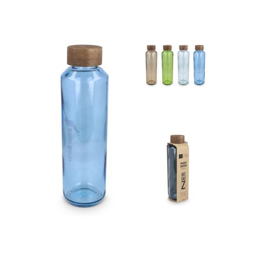 Botella de agua de vidrio reciclado InSideOut ReuuZ con tapón de madera 650 ml Botella de agua de vidrio reciclado InSideOut ReuuZ con tapón de madera 650 ml
