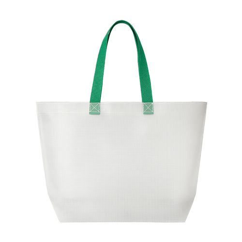 Transparent laminated PP shopper bag 110 g/m2. Long colored polyester handles and gusset Transparent laminated PP shopper bag 110 g/m2. Long colored polyester handles and gusset