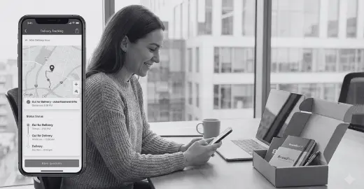 Frau blickt auf Smartphone mit Delivery-Tracking-App, zeigt die Transparenz und Live-Sendungsverfolgung in der modernen Werbeartikel Logistik.