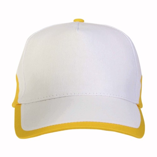 Cotton 5-panel cap with white base and coloured edges, adjustable velcro strap Cotton 5-panel cap with white base and coloured edges, adjustable velcro strap