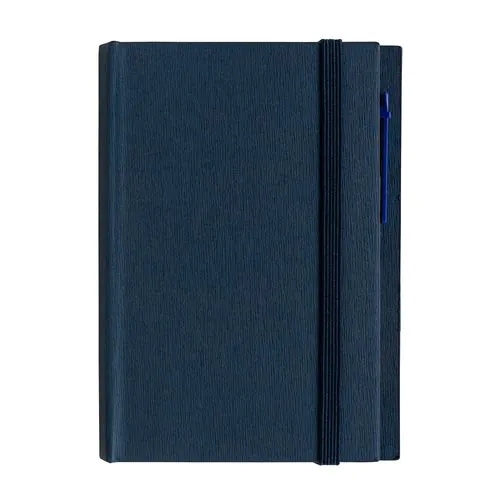 Cardboard notepad with coloured elastic, pen, ruled sheets (70 pages) and sticky notes