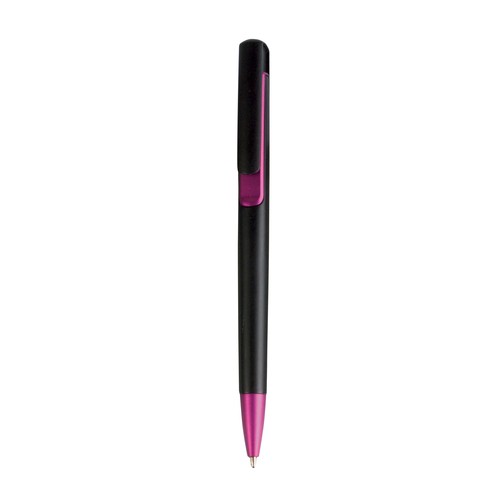 Penna a scatto in plastica con fusto nero, punta e particolare metallizzati Penna a scatto in plastica con fusto nero, punta e particolare metallizzati