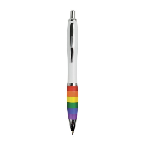 Penna a scatto in plastica ABS, con fusto bianco, impugnatura arcobaleno Penna a scatto in plastica ABS, con fusto bianco, impugnatura arcobaleno