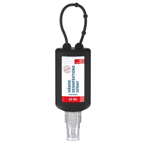 Desinfecterende spray voor de handen, 50 ml Bumber, zwart, Body Label (R-PET) Desinfecterende spray voor de handen, 50 ml Bumber, zwart, Body Label (R-PET)