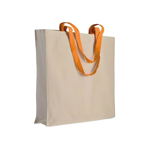 Bolsa de algodon naturel, asas largas de colores y fuelle