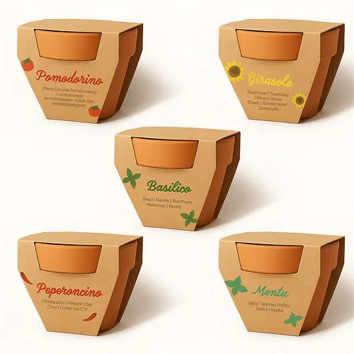 Natural terracotta pot with peat and biodegradable capsule containing seeds Natural terracotta pot with peat and biodegradable capsule containing seeds