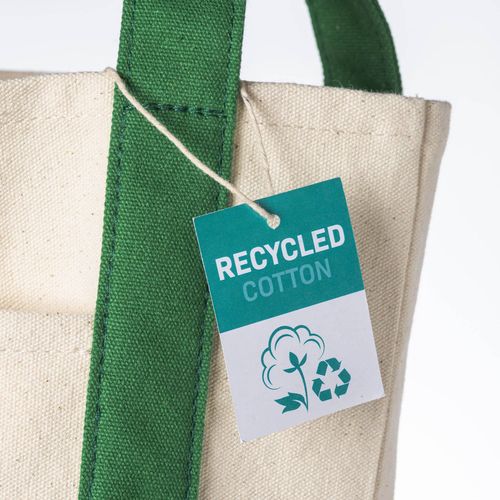 Mini shopper bag made of 340 g/m2 recycled cotton with colorful handles and base. GRS Mini shopper bag made of 340 g/m2 recycled cotton with colorful handles and base. GRS