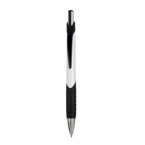 Penna a scatto in plastica con fusto bianco, impugatura gommata e colorata Penna a scatto in plastica con fusto bianco, impugatura gommata e colorata