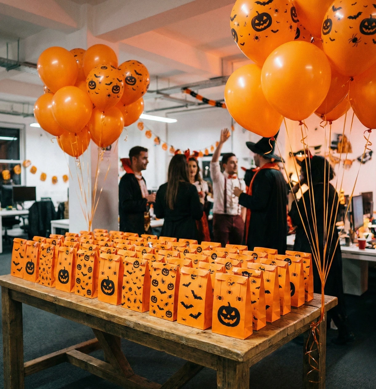Deko und Giveaways für die Halloween-Party Stimmungsvolle Büro-Szene mit vielen orangen Kürbis-Ballons und einer Reihe von Geschenktüten auf einem Holztisch, perfekt ausgestattet für die nächste Halloween Firmenfeier.