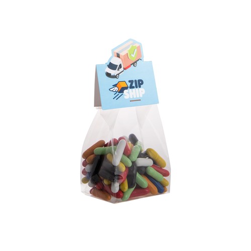 Blokzakje met kopkaartje in eigen vorm en 100 gram snoep