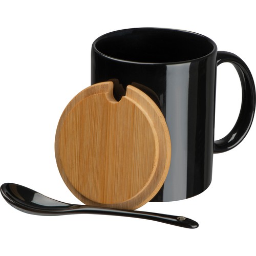 Ceramic mug with spoon and bamboo lid Ceramic mug with spoon and bamboo lid