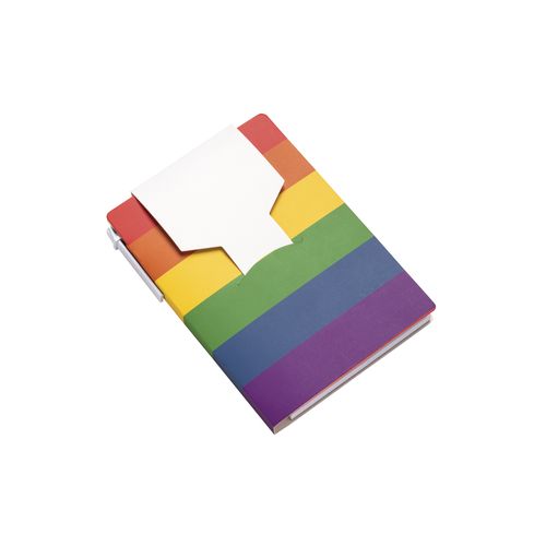 Block notes in carta con copertina arcobaleno, foglietti adesivi e penna Block notes in carta con copertina arcobaleno, foglietti adesivi e penna