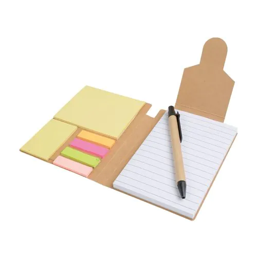 Recycled-paper notepad with cardboard pen and sticky notes Recycled-paper notepad with cardboard pen and sticky notes