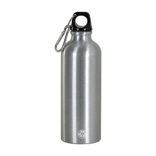 Botella de aluminio reciclado (500 ml), con tapón de plástico y mosquetón Botella de aluminio reciclado (500 ml), con tapón de plástico y mosquetón