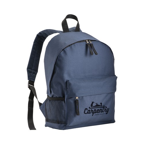 600D polyester 3-pocket backpack (one mesh side pocket). Adjustable shoulder straps