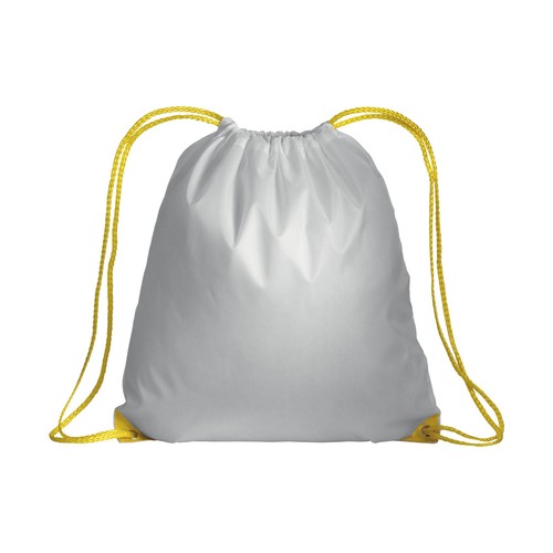 White 210T polyester backpack with drawstring closure, reinforced corners