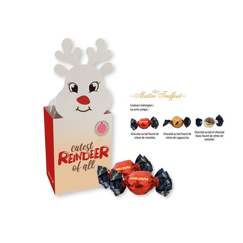 Christmas Pralines in Carton box "Reindeer", Pralines milk chocolate and white chocolate with hazelnut cream filling Christmas Pralines in Carton box "Reindeer", Pralines milk chocolate and white chocolate with hazelnut cream filling