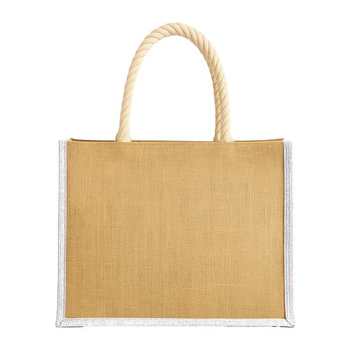 Jute bag with long rope handles and coloured inserts. With gusset Jute bag with long rope handles and coloured inserts. With gusset
