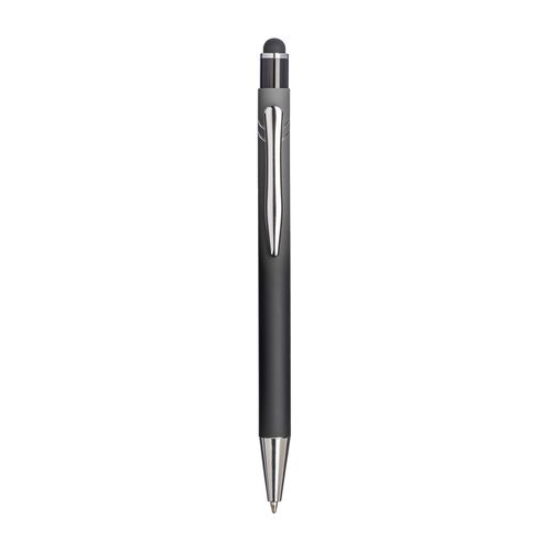Penna a scatto in alluminio gommato. Fusto sfumato, clip e particolari metallizzati