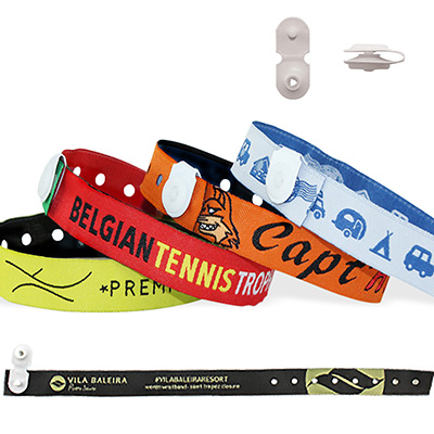 Woven wristbands with vinyl button clip closure, St Tropez Woven wristbands with vinyl button clip closure, St Tropez