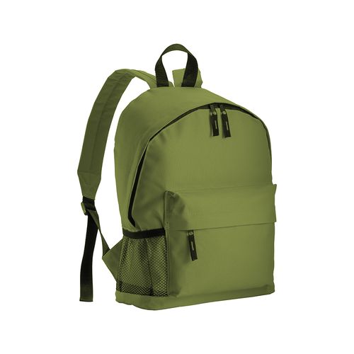 600D polyester 3-pocket backpack (one mesh side pocket). Adjustable shoulder straps